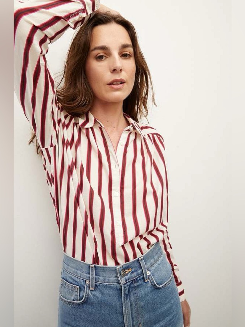 Veronica Beard Cambrie Shirt Off White/Maroon Stripe Long Sleeve